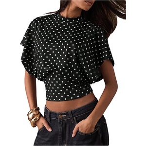 image:imageMakeMeChic Womens Polka Dots Cinched Waist Bat Wing Wrap Top Dolman Sleeve Crew Neck Going Out Crop TopsBlack