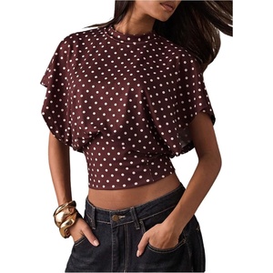image:imageMakeMeChic Womens Polka Dots Cinched Waist Bat Wing Wrap Top Dolman Sleeve Crew Neck Going Out Crop TopsCoffee Brown