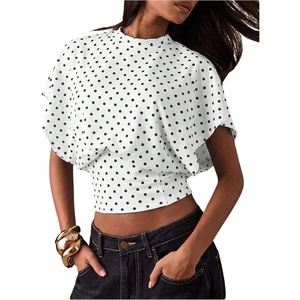 image:imageMakeMeChic Womens Polka Dots Cinched Waist Bat Wing Wrap Top Dolman Sleeve Crew Neck Going Out Crop TopsWhite