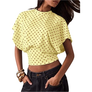 image:imageMakeMeChic Womens Polka Dots Cinched Waist Bat Wing Wrap Top Dolman Sleeve Crew Neck Going Out Crop TopsYellow