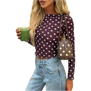 image:imageMakeMeChic Womens Polka Dots Top Mesh Sheer Tops Ruffle Long Sleeve Y2K Party Going Out TopsBlue and Brown