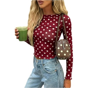 image:imageMakeMeChic Womens Polka Dots Top Mesh Sheer Tops Ruffle Long Sleeve Y2K Party Going Out TopsBurgundy