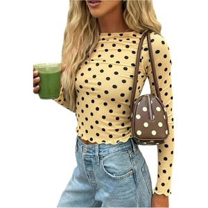 image:imageMakeMeChic Womens Polka Dots Top Mesh Sheer Tops Ruffle Long Sleeve Y2K Party Going Out TopsYellow