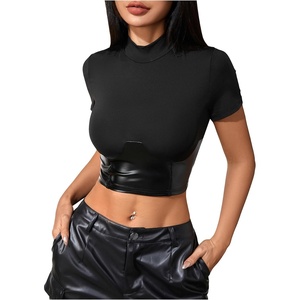 image:imageMakeMeChic Womens Pu Leather Tops Short Sleeve Y2k Going Out Tops Party Rave Clubwear Concert OutfitBlack
