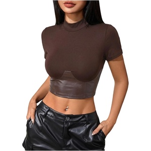 image:imageMakeMeChic Womens Pu Leather Tops Short Sleeve Y2k Going Out Tops Party Rave Clubwear Concert OutfitBrown