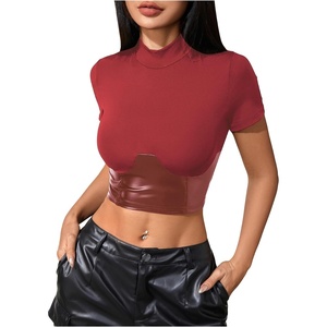 image:imageMakeMeChic Womens Pu Leather Tops Short Sleeve Y2k Going Out Tops Party Rave Clubwear Concert OutfitRed