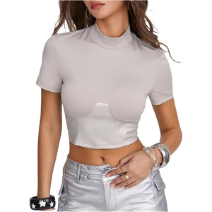 image:imageMakeMeChic Womens Pu Leather Tops Short Sleeve Y2k Going Out Tops Party Rave Clubwear Concert OutfitSilver
