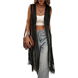 image:imageMakeMeChic Womens Rivet Suede Tassel Sleeveless Vest Jacket Open Front Cowboy Chic Fringe Vest OuterwearBlack