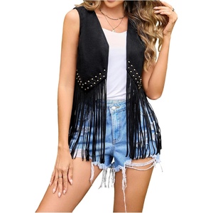 image:imageMakeMeChic Womens Rivet Suede Tassel Sleeveless Vest Jacket Open Front Cowboy Chic Fringe Vest OuterwearBlack B