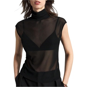 image:imageMakeMeChic Womens Sheer Mesh Turtleneck Tops Mock Neck Cap Sleeve Night Out T Shirt TankBlack