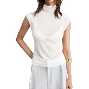 image:imageMakeMeChic Womens Sheer Mesh Turtleneck Tops Mock Neck Cap Sleeve Night Out T Shirt TankWhite