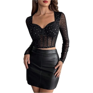 image:imageMakeMeChic Womens Sparkly Rhinestone Mesh Sheer Crop Tops Sweetheart Neck Long Sleeve Y2K Party Tee ShirtBlack