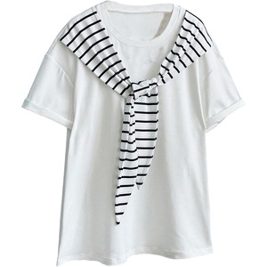 image:imageMakeMeChic Womens Striped Crew Neck Tee Shirt Short Sleeve Oversized Summer TopsWhite