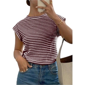 image:imageMakeMeChic Womens Striped Crochet Cap Sleeve Tops Casual Short Sleeve Crewneck Knit Shirts Summer Going Out TopsRed and White
