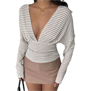 image:imageMakeMeChic Womens Striped Deep V Neck Sweater Cinched Waist Long Sleeve Knit Pullover Crop TopsApricot