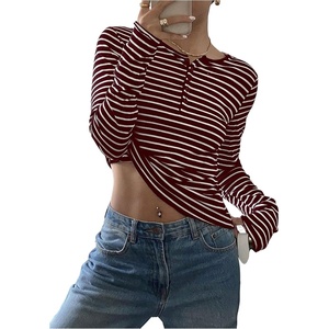 image:imageMakeMeChic Womens Striped Henley Shirt Button Down Long Sleeve Knit Tee TopsBurgundy