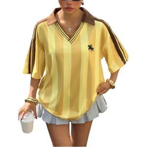 image:imageMakeMeChic Womens Striped Oversized Jersey Shirt Y2k V Neck Half Sleeve Streetwear TopsMulticolor