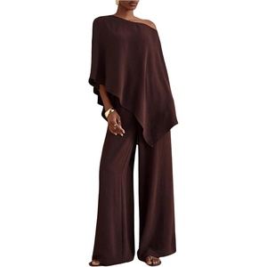 image:imageMakeMeChic Womens Summer 2 Piece Set Beach Vacation Outfits Off The Shoulder Poncho Top Wide Leg Pants SetsBrown