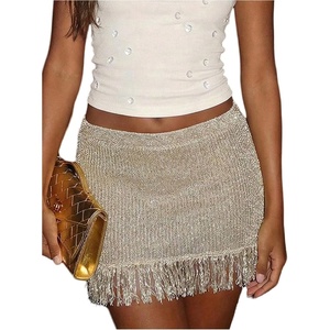 image:imageMakeMeChic Womens Summer Crochet Fringe Mini Skirt Summer Beach Vacation Low Waist Knit SkirtsGold