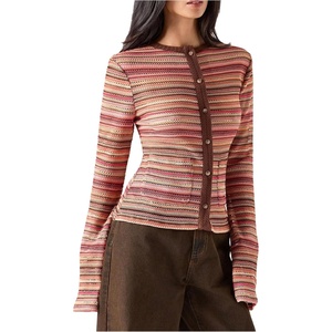image:imageMakeMeChic Womens Summer Crochet Striped Cardigan Tops Y2k Long Sleeve Lightweight Cardigan Beach Cover UpMulticolor