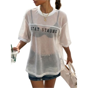image:imageMakeMeChic Womens Summer Lace Tops Crew Neck T Shirts Short Sleeve Oversized Casual TopsWhite