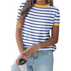 image:imageMakeMeChic Womens Summer Short Sleeve Striped Shirt Crewneck Fashion Colourful Shirts Going Out Clothes Basic BlousesBlue and White