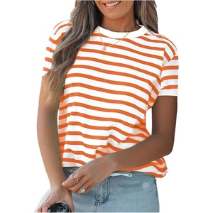image:imageMakeMeChic Womens Summer Short Sleeve Striped Shirt Crewneck Fashion Colourful Shirts Going Out Clothes Basic BlousesOrange