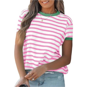 image:imageMakeMeChic Womens Summer Short Sleeve Striped Shirt Crewneck Fashion Colourful Shirts Going Out Clothes Basic BlousesPink