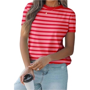 image:imageMakeMeChic Womens Summer Short Sleeve Striped Shirt Crewneck Fashion Colourful Shirts Going Out Clothes Basic BlousesRed