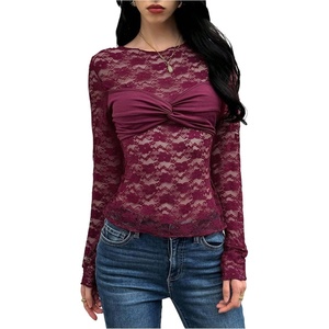 image:imageMakeMeChic Womens Twisted Floral Lace Tee Shirt Crew Neck Long Sleeve Sheer TopsBurgundy