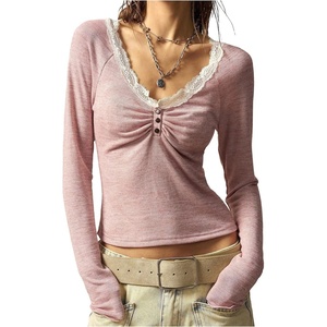 image:imageMakeMeChic Womens V Neck T Shirts Lace Ruched Button Long Sleeve Fitted Going Out TopsPink