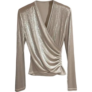 image:imageMakeMeChic Womens Velvet Wrap V Neck T Shirts Ruched Long Sleeve Party Night Out TopsApricot