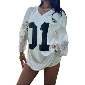 image:imageMakeMeChic Womens Y2K Jersey Tops Satin Tee Shirt Fall Floral Lace V Neck Long Sleeve TopsWhite