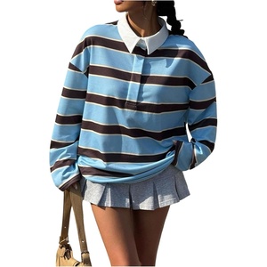 image:imageMakeMeChic Womens Y2K Streetwear Rugby Striped Shirts Fall Long Sleeve Collared Tee TopsBlue and Brown