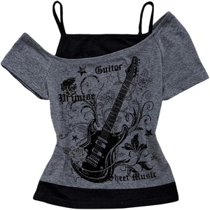 image:imageMakeMeChic Womens Y2K Tee Shirt Floral Graphic Short Sleeve 2 in 1 Off The Shoulder Gothic Summer TopsMulticolor