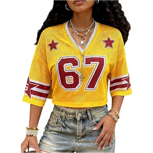 image:imageMakeMeChic Womens Y2k Mesh Crop Tops 67 Number V Neck Half Sleeve Jersey Shirt StreetwearYellow