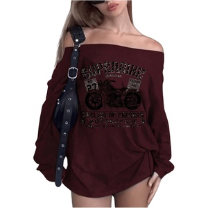 image:imageWomens Printed Off Casual Shoulder Long Sleeve Loose Casual T ShirtBurgundy