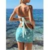 image:imageMakeMeChic Womens 3D Floral Pearl Beaded Tube Top Mesh Sheer Ruched Tie Open Back Summer Crop TopsGreen