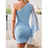 image:imageMakeMeChic Womens Bell Sleeve One Shoulder Dresses Sequin Asymmetrical Bodycon Dress Wedding Guest Short DressesLight Blue