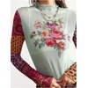 image:imageMakeMeChic Womens Boho Clothing Floral Polka Dots Paisley Crop Tops Long Sleeve Mock Neck Summer Mesh Tee ShirtMint Green