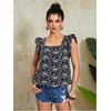 image:imageMakeMeChic Womens Boho Flutter Sleeve Blouse Square Neck Ruffle Floral Print Hollow Out Lightweight Summer Tank TopBlack