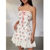 image:imageMakeMeChic Womens Cherry Print Cute Dress Lace Trim Ruffle Tiered Bow Beach Vacation Mini DressApricot