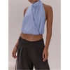 image:imageMakeMeChic Womens Cute Summer Halter Tank Top Draped Sleeveless Tie Open Back Crop TopsBlue