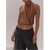 image:imageMakeMeChic Womens Cute Summer Halter Tank Top Draped Sleeveless Tie Open Back Crop TopsBrown