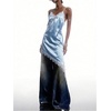 image:imageMakeMeChic Womens Elegant Satin Cami Dress Lace Trim Asymmetrical Spaghetti Strap Mini DressesBlue