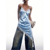 image:imageMakeMeChic Womens Elegant Satin Cami Dress Lace Trim Asymmetrical Spaghetti Strap Mini DressesBlue