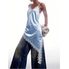 image:imageMakeMeChic Womens Elegant Satin Cami Dress Lace Trim Asymmetrical Spaghetti Strap Mini DressesBlue