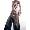 image:imageMakeMeChic Womens Elegant Satin Cami Dress Lace Trim Asymmetrical Spaghetti Strap Mini DressesKhaki