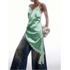 image:imageMakeMeChic Womens Elegant Satin Cami Dress Lace Trim Asymmetrical Spaghetti Strap Mini DressesMint Green