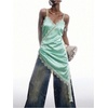 image:imageMakeMeChic Womens Elegant Satin Cami Dress Lace Trim Asymmetrical Spaghetti Strap Mini DressesMint Green